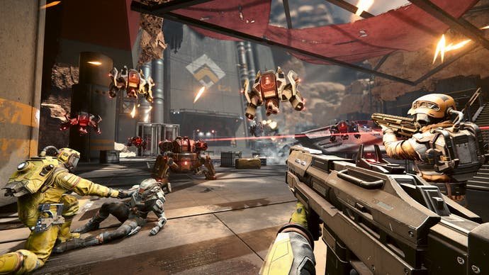 Jumpship screenshot showing a frenetic gun battle with drones from first-person view.